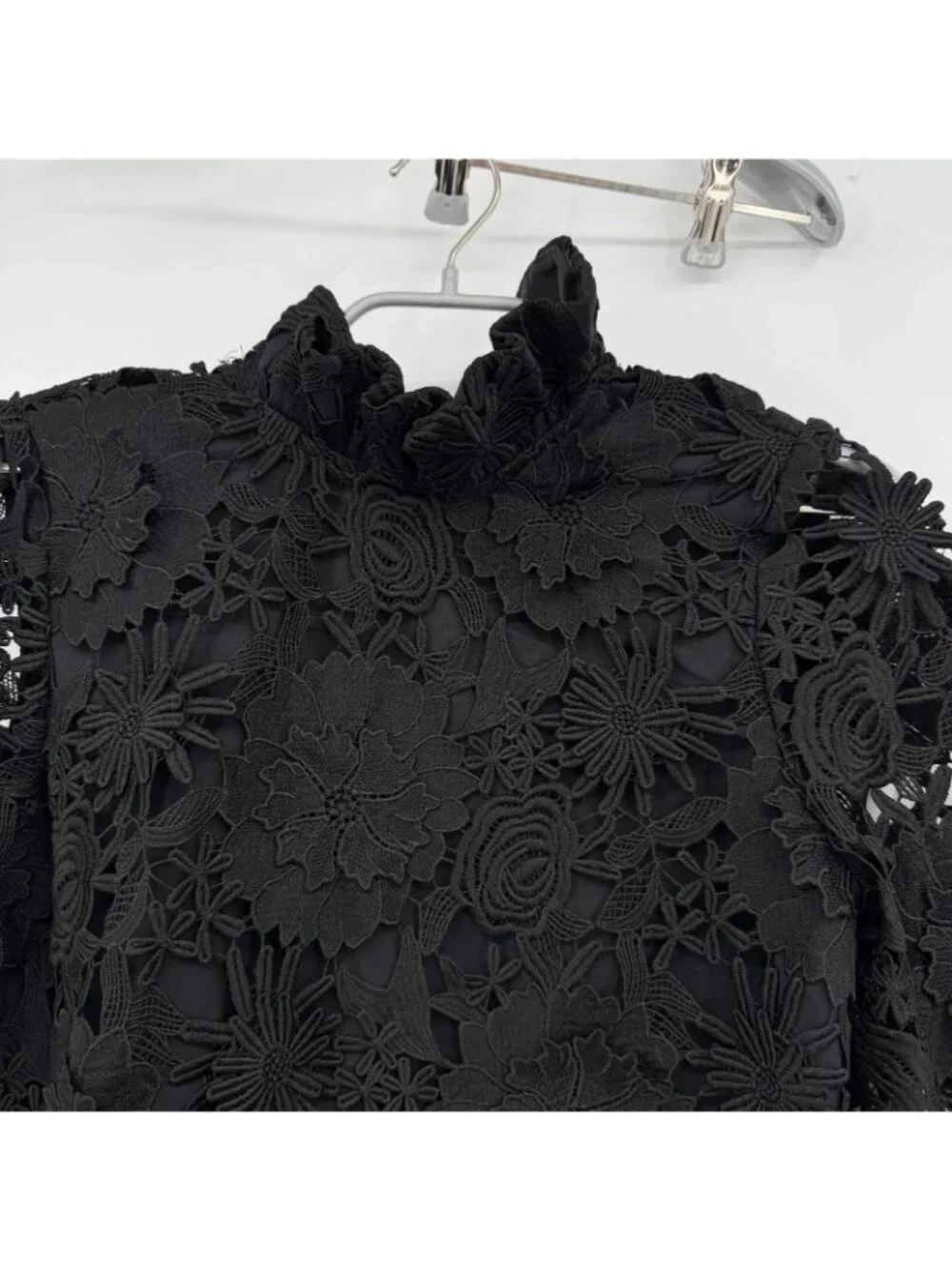 Tuckernuck Black Guipure Lace Daphne Dress XL Ruffle Collar Bow Cocktail Party - Picture 2 of 9